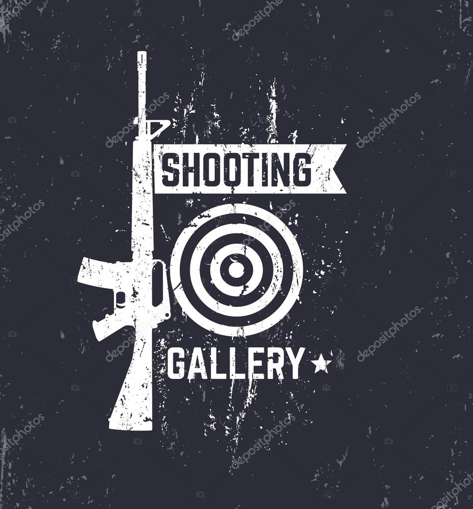 Shooting Gallery grunge logo, sign with automatic rifle, vector