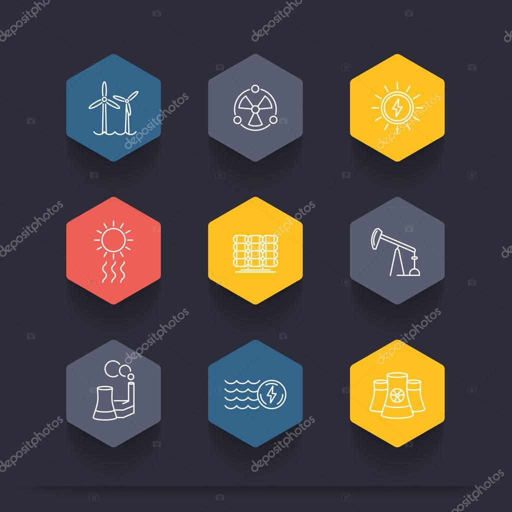 Power, energy production, energetics, electric industry, line  hexagon icons, vector illustration