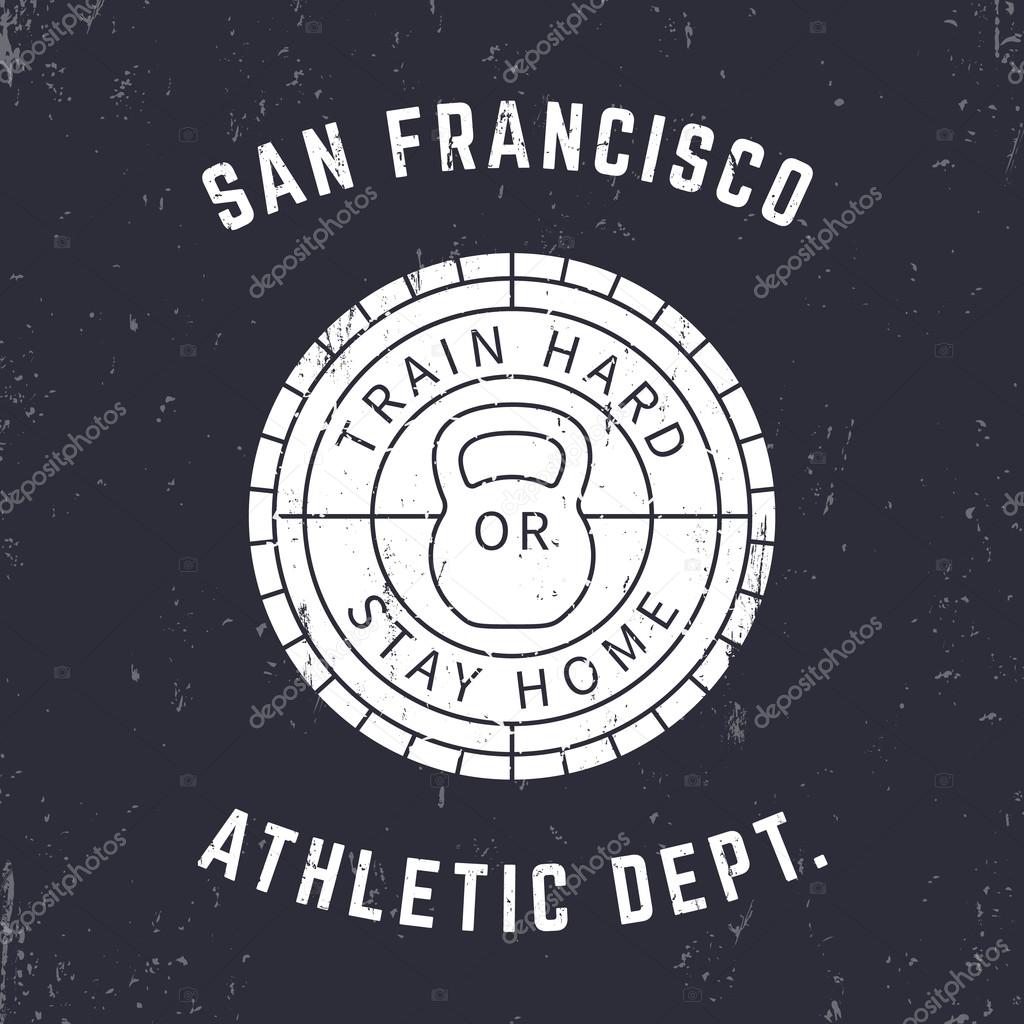 Round gym logo, t-shirt print, grunge sign, vector illustration