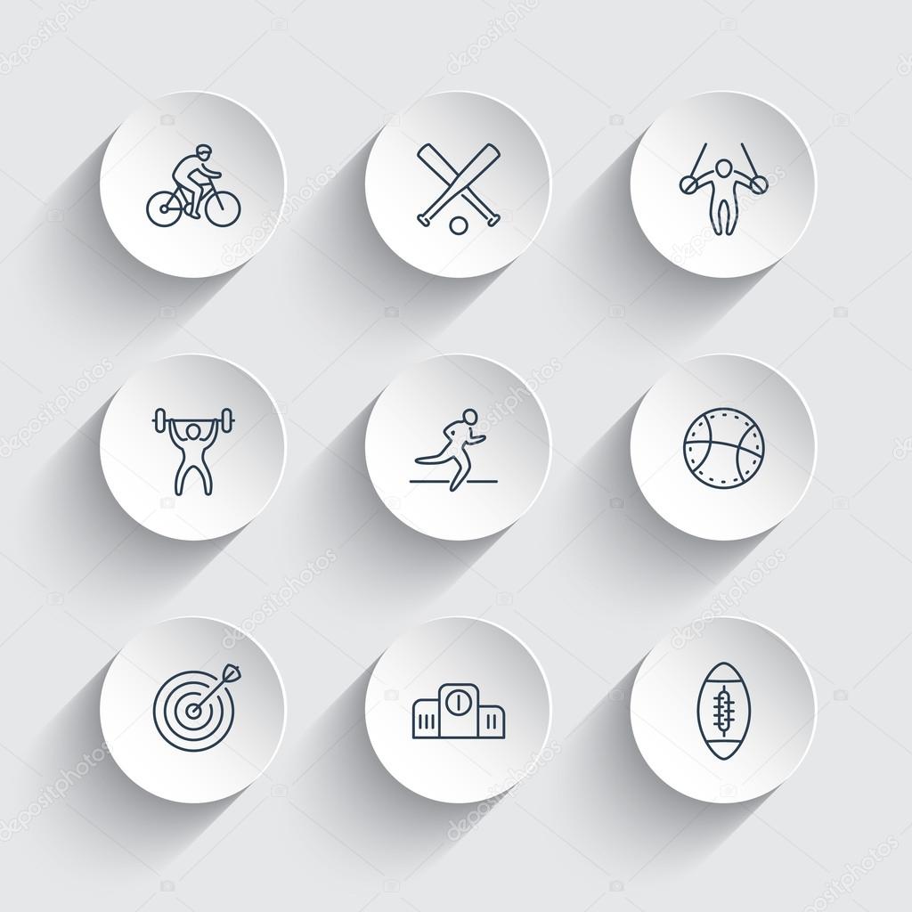 Different kind of sports, line icons on round 3d shapes, vector illustration