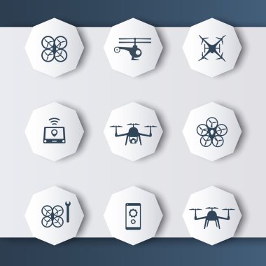 Drones modern 3d octagonal icons in dark grey-blue, vector illustration clipart