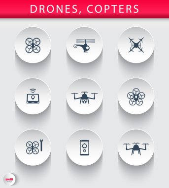 Dronlar, Tricopter, Multicopter, 3d simgeleri, yuvarlak Quadrocopter illüstrasyon vektör