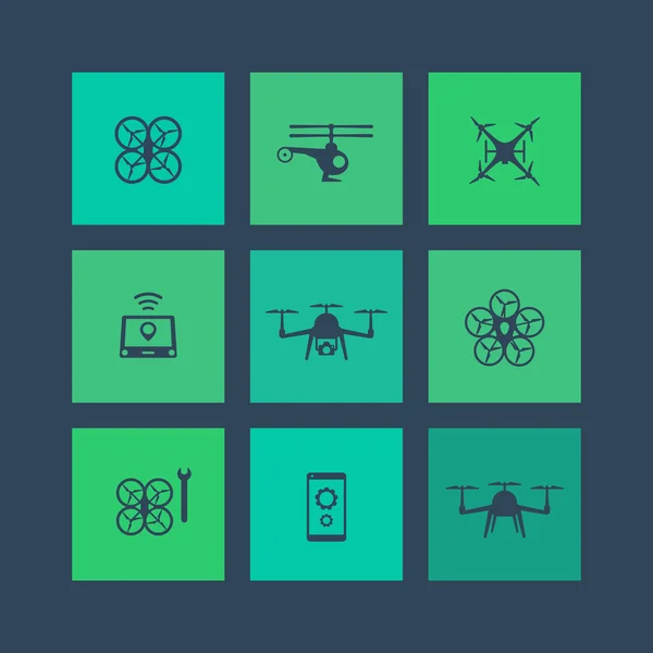 Droni, Tricopter, Multicopter, Quadrocopter quadrati icone piatte, illustrazione vettoriale — Vettoriale Stock