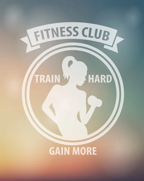 Fitness Club emblema branco com atlético posando menina no fundo borrão —  Vetores de Stock
