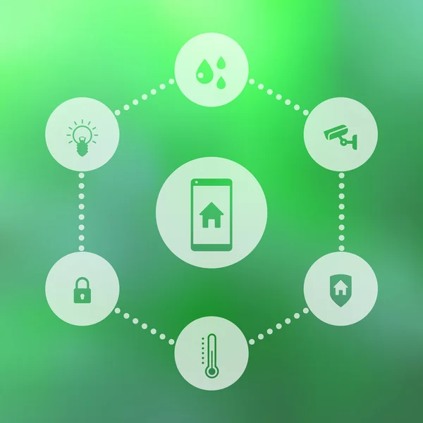 Smarta hus mobila app ikoner på gröna oskärpa bakgrund, vektor illustration — Stock vektor