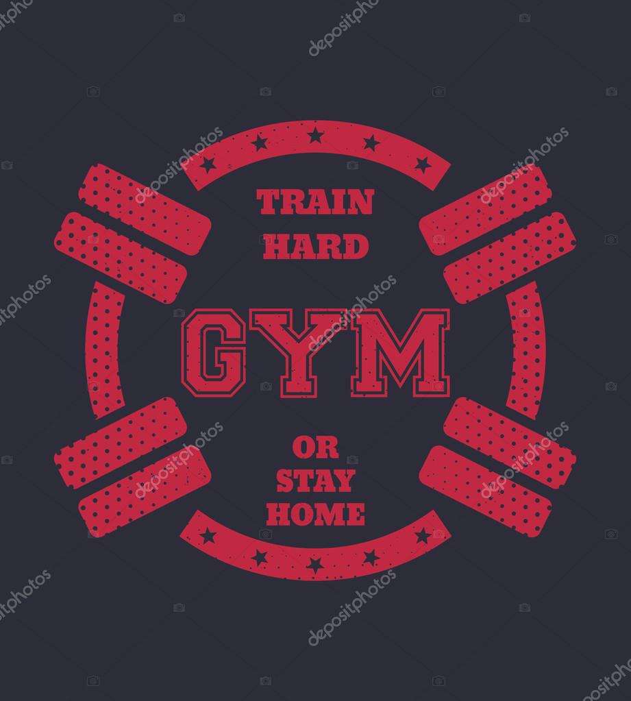 Round vintage gym t-shirt design with barbells, vector illustration