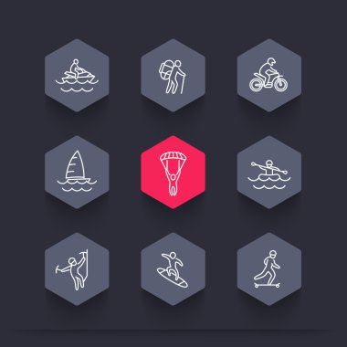 extreme outdoor activities line hexagon icons, vector illustration