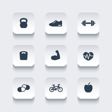 Fitness icons, rounded square modern icons set, vector illustration