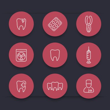Tooth, dental care, stomatology, line round red icons, vector illustration