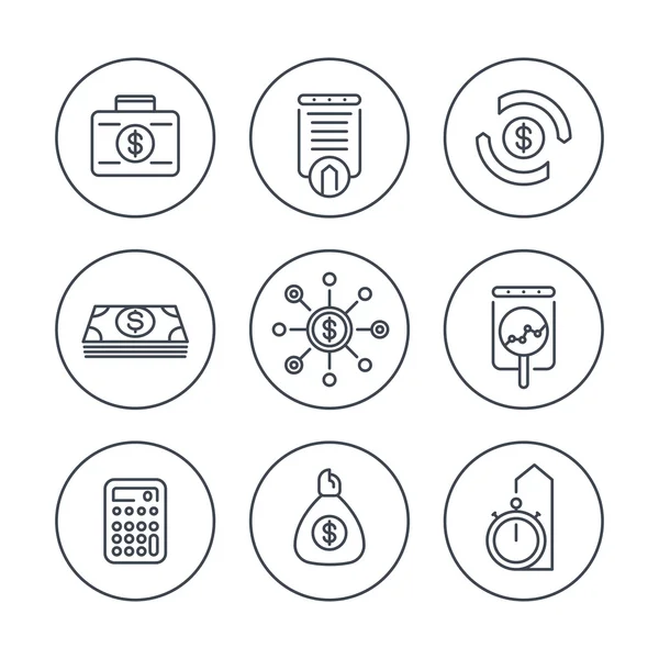 Finance, investissements, analyse des investissements, icônes de ligne en cercles, illustration vectorielle — Image vectorielle