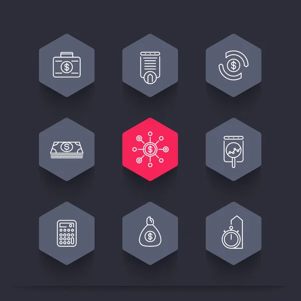 Finance, investments, investment analysis, funds line hexagon icons set, vector illustration — Διανυσματικό Αρχείο