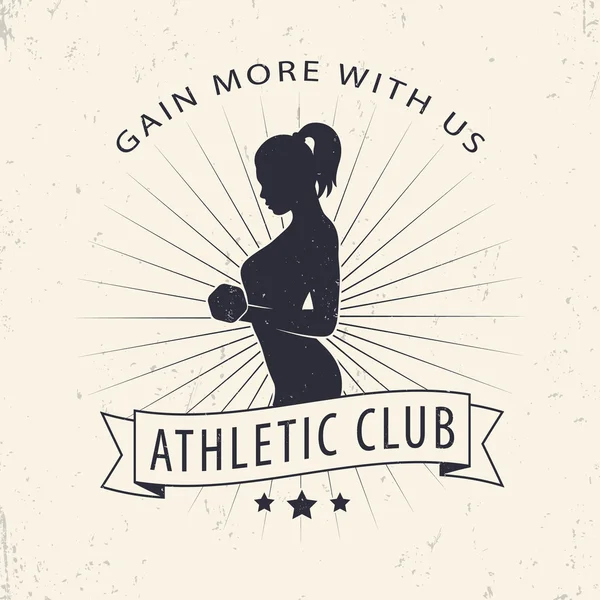 Gewinnen Sie mehr mit uns Logo, Abzeichen mit posierendem athletischen Mädchen, Vektorillustration — Stockvektor