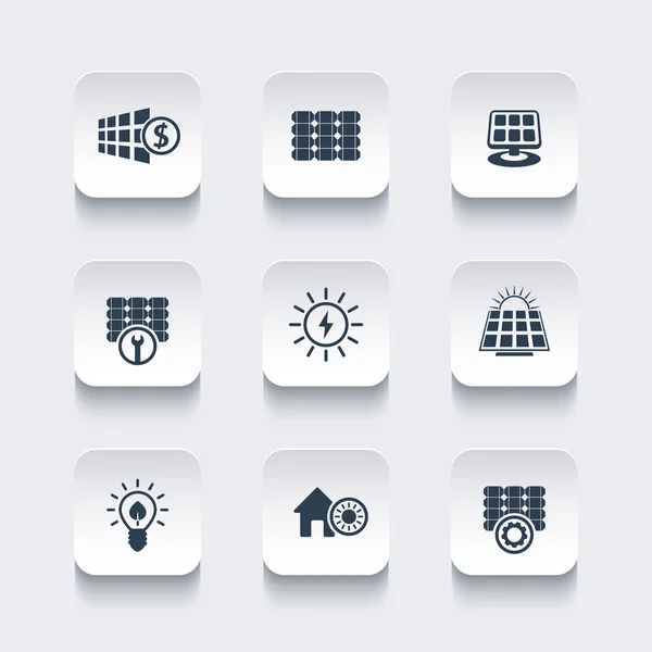 Energía solar, paneles, energía alternativa, conjunto de iconos cuadrados redondeados, ilustración vectorial — Vector de stock