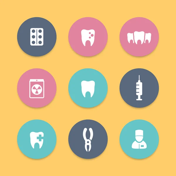 Dientes, cuidado dental, cavidad dental, cuidado dental, estomatología, iconos planos redondos, ilustración vectorial — Archivo Imágenes Vectoriales