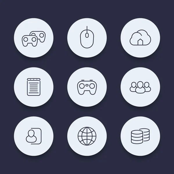 Videogiochi, cooperativa, multiplayer, videogiochi per console, icone rotonde, illustrazione vettoriale — Vettoriale Stock