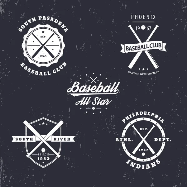 Béisbol emblemas vintage, insignias, signos con los murciélagos de béisbol cruzados, ilustración vectorial — Vector de stock