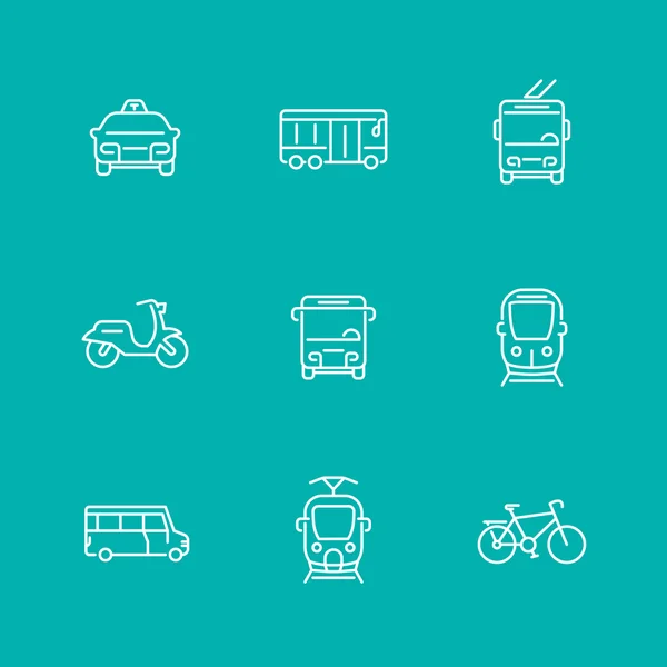 Városi közlekedés, villamos, vonattal, autóbusszal, kerékpár, taxi, tömegközlekedés, vonal ikonok, elszigetelt készlet, vektoros illusztráció — Stock Vector