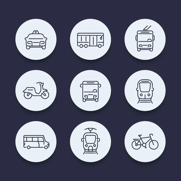 Transporte urbano, tren, autobús, taxi, línea redonda iconos, vector de ilustración — Vector de stock