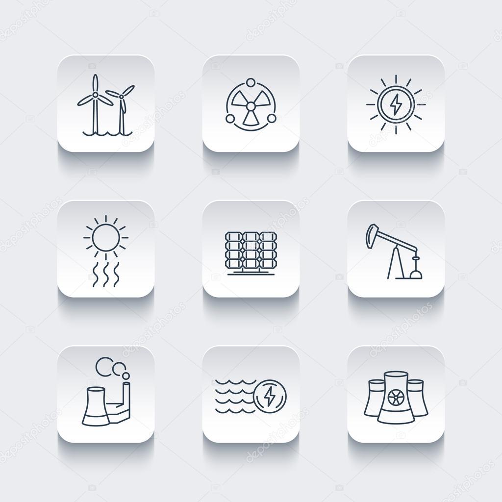 Power, energy production, energetics, electric industry, line icons, rounded square set, vector illustration