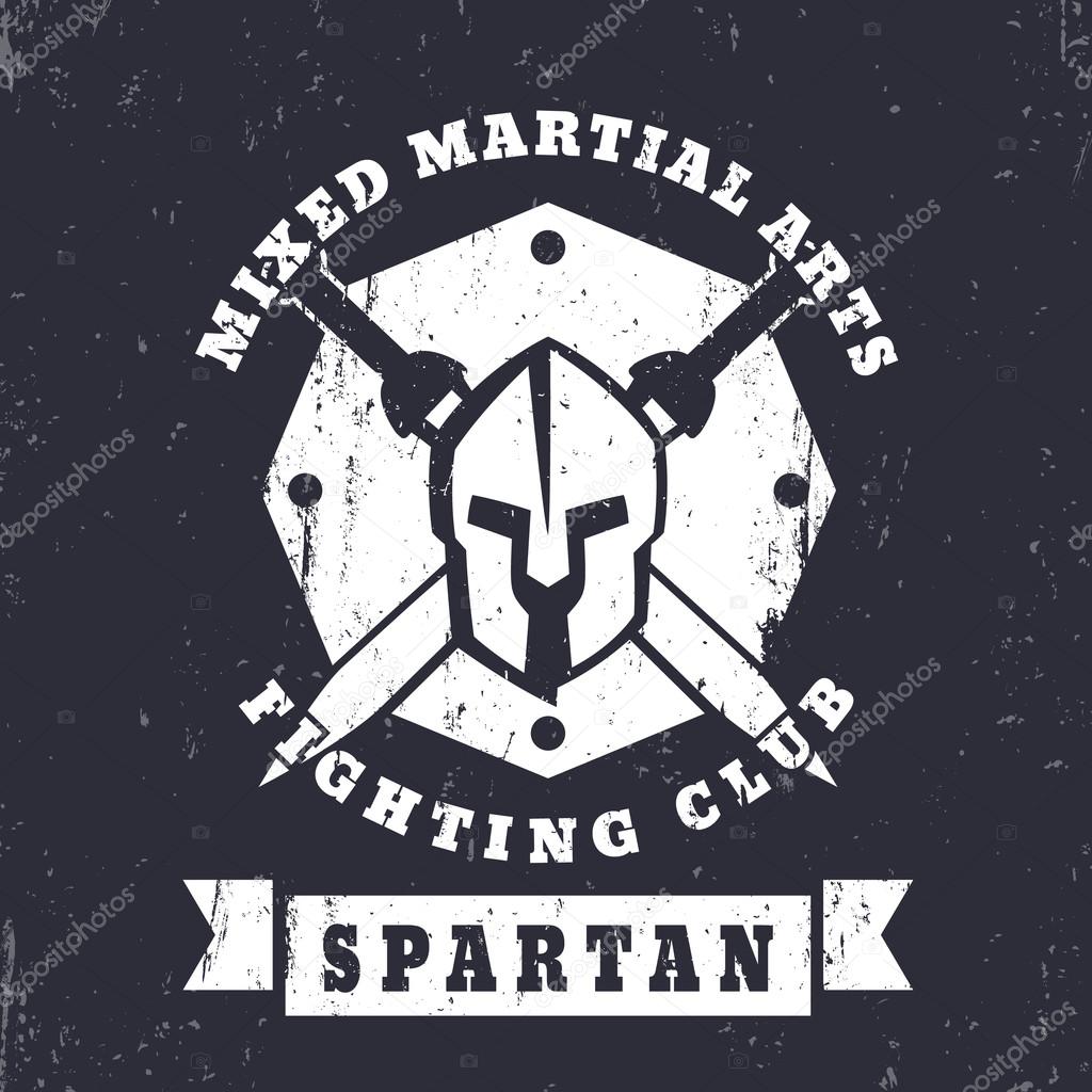 Spartan, MMA Fighting Club grunge vintage logo, badge with spartan helmet and swords, vector illustration
