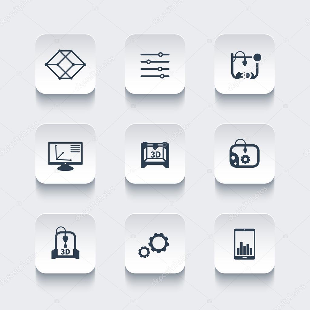 3d printer, printing, modeling, additive manufacturing, rounded square icons set, vector illustration