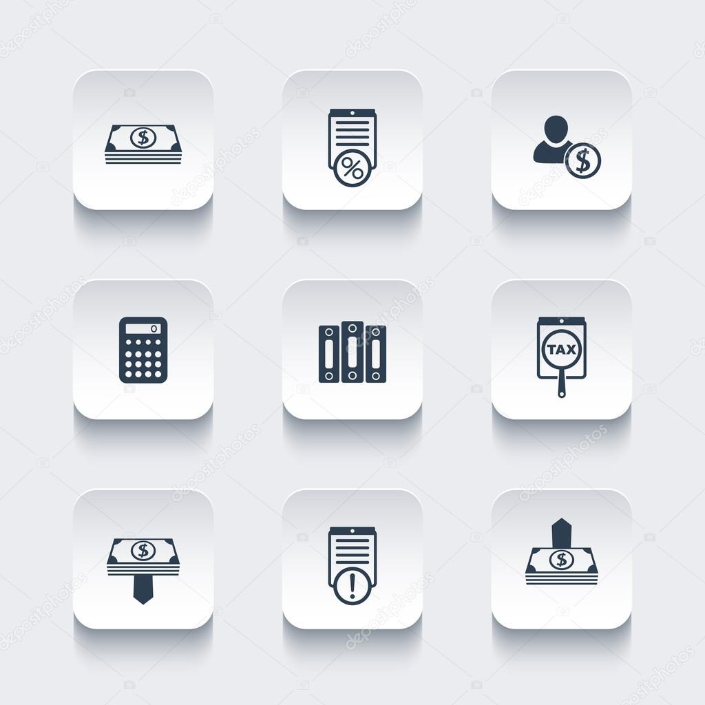 Bookkeeping, finance, payroll, rounded square icons set, vector illustration