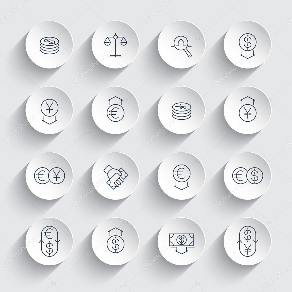 Currency, forex trading, finance line icons on round 3d shapes, vector illustration