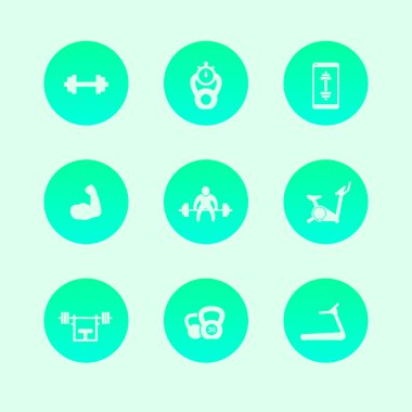 Gym, fitness, workout, training, biceps trendy round icons vector illustration