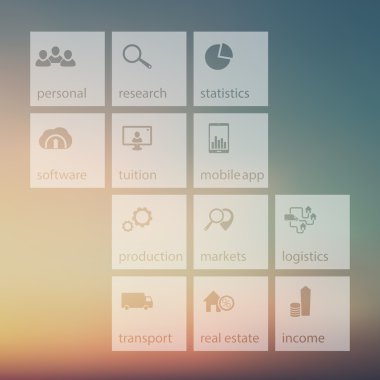 business, commerce, finance, icons in squares on blur mesh background, vector illustration