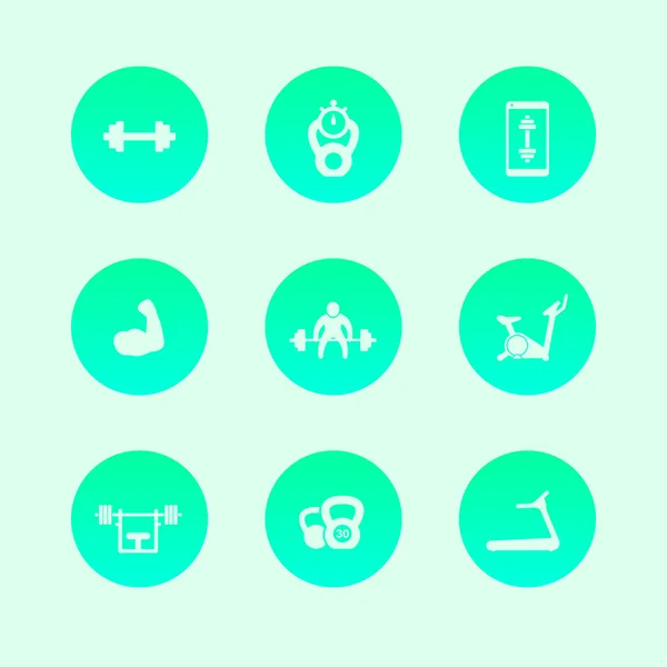 Gym, fitness, workout, training, biceps trendy round icons vector illustration — Stok Vektör