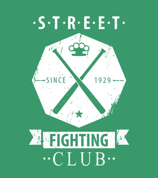 Street Fighting Club emblema grunge con pipistrelli incrociati e nocche su verde, illustrazione vettoriale — Vettoriale Stock