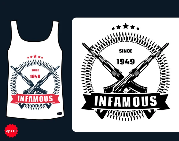 T-shirt design, Infamous with assault rifle, vector illustration — ストックベクタ