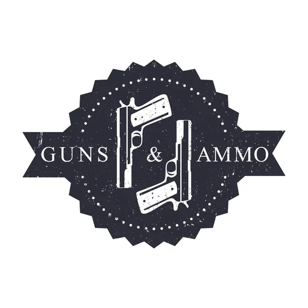 Vintage round emblem, Guns and Ammo with Pistols, with grunge texture, vector illustration — Stock Vector