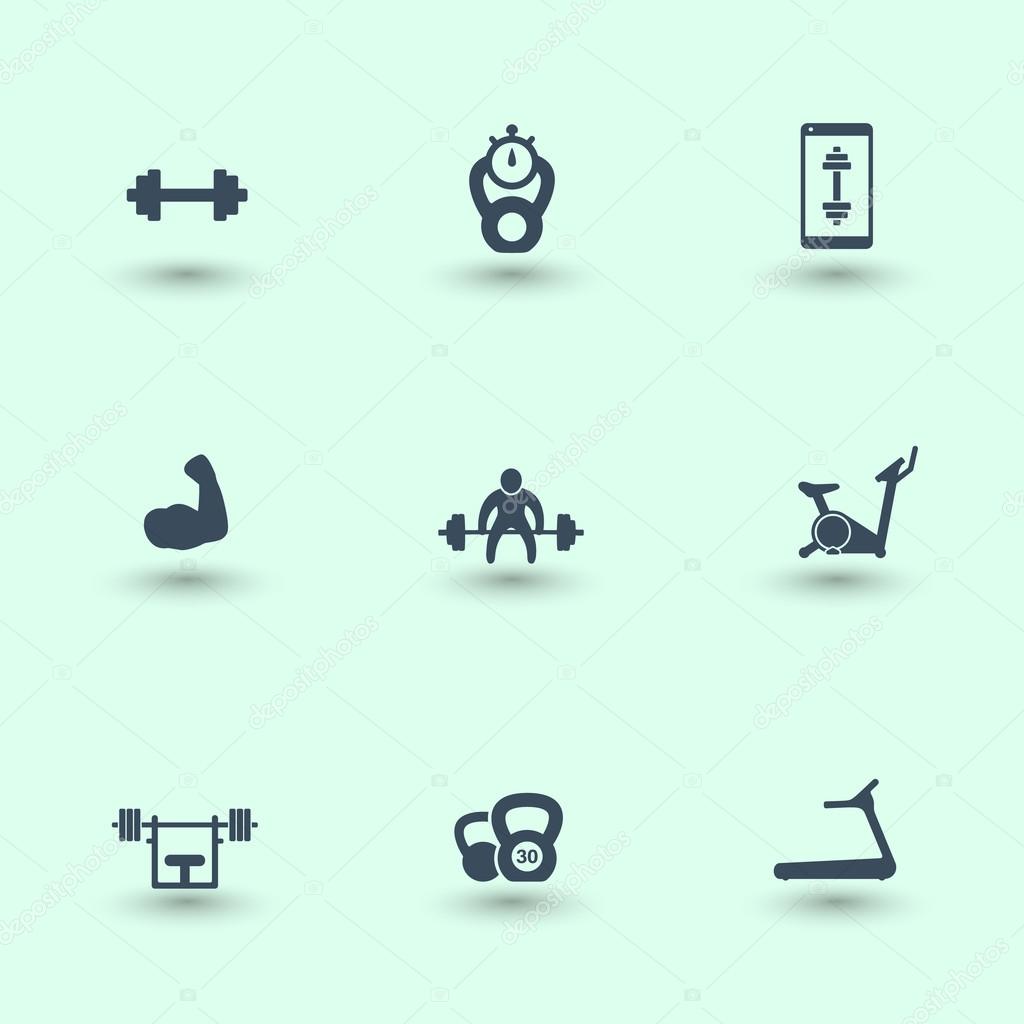 Gym, fitness, workout, training, biceps flat icons with shadows vector illustration
