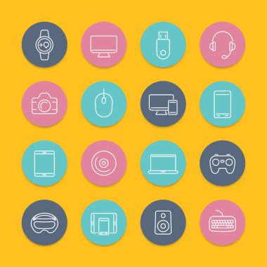 Modern gadgets line round flat icons, vector illustration