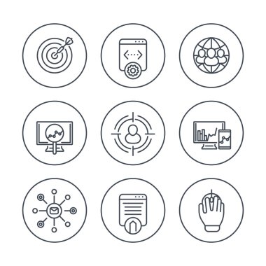 seo line icons in circles, search engine optimization, internet marketing, web page indexing