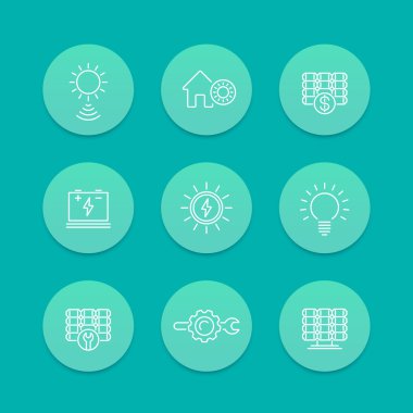 Solar energy, solar power, panels installation, line icons, aquamarine set