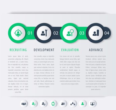 Staff, HR, staff development steps, timeline, infographic elements, icons, vector illustration