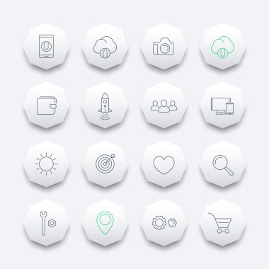 Thin line web octagon icons set, vector illustration