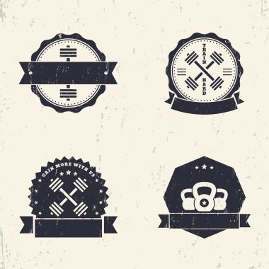 Fitness, spor salonu grunge logolar, rozetleri, çapraz barbell, vektör çizim işaretleri