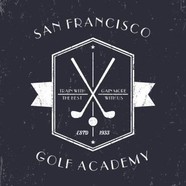 Golf Akademisi vintage logo, golf kulüpleri, vektör çizim ile grunge amblemi