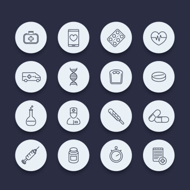 Tıp, sağlık, İlaç sanayii yuvarlak simgeler satır, illüstrasyon vektör