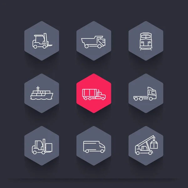 Transport, Linien-Sechseck-Symbole, Gabelstapler, Frachtschiff, Güterzug, Lastkraftwagen, Vektorillustration — Stockvektor