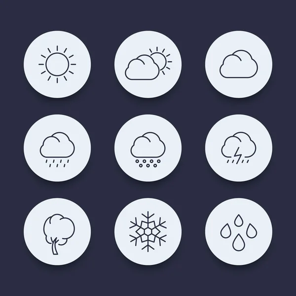 Wetter, sonnig, bewölkt, Regen, Hagel, Schnee, Linie runde Symbole gesetzt, Vektor-Illustration — Stockvektor