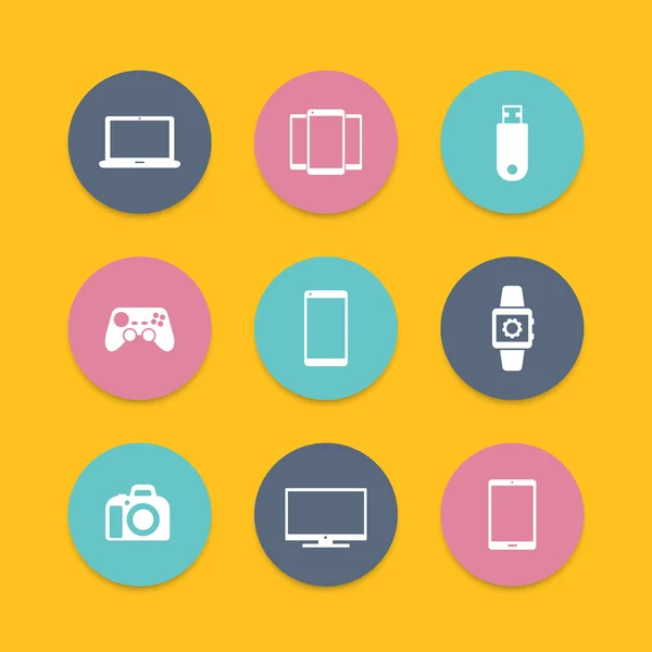 Gadgets (laptop, tablet, cámara, smartphone) iconos planos redondos, ilustración vectorial — Vector de stock