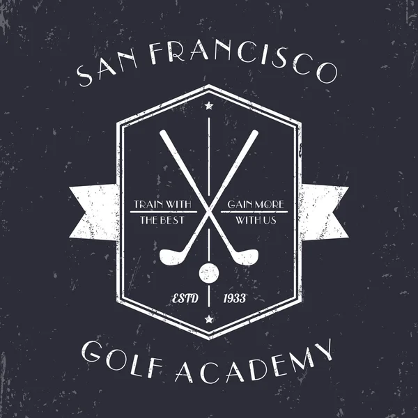 Golf Academy logo vintage, emblema grunge con mazze da golf, illustrazione vettoriale — Vettoriale Stock