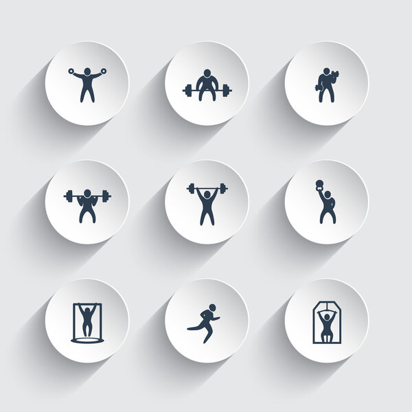 Gym, fitness exercises, training icons on round 3d shapes, vector illustration