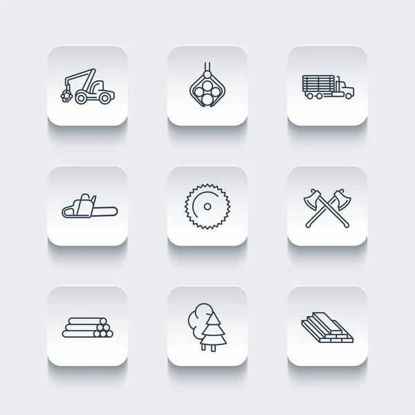 Logging, timber, forestry, tree harvester, logging truck line icons, rounded square set, vector illustration — Stock Vector