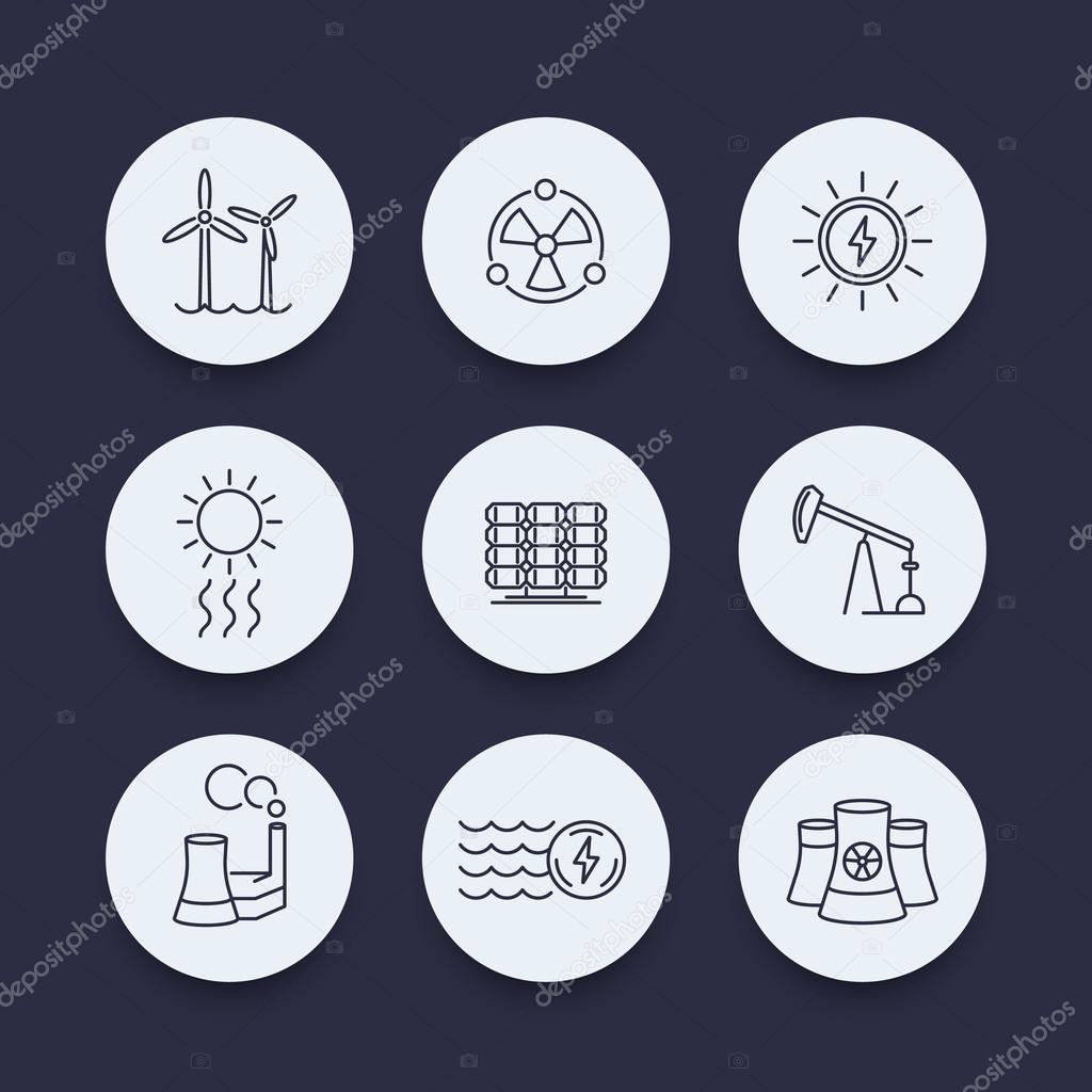 Power, energy production, energetics, solar, wind, nuclear energy, line round icons set, vector illustration