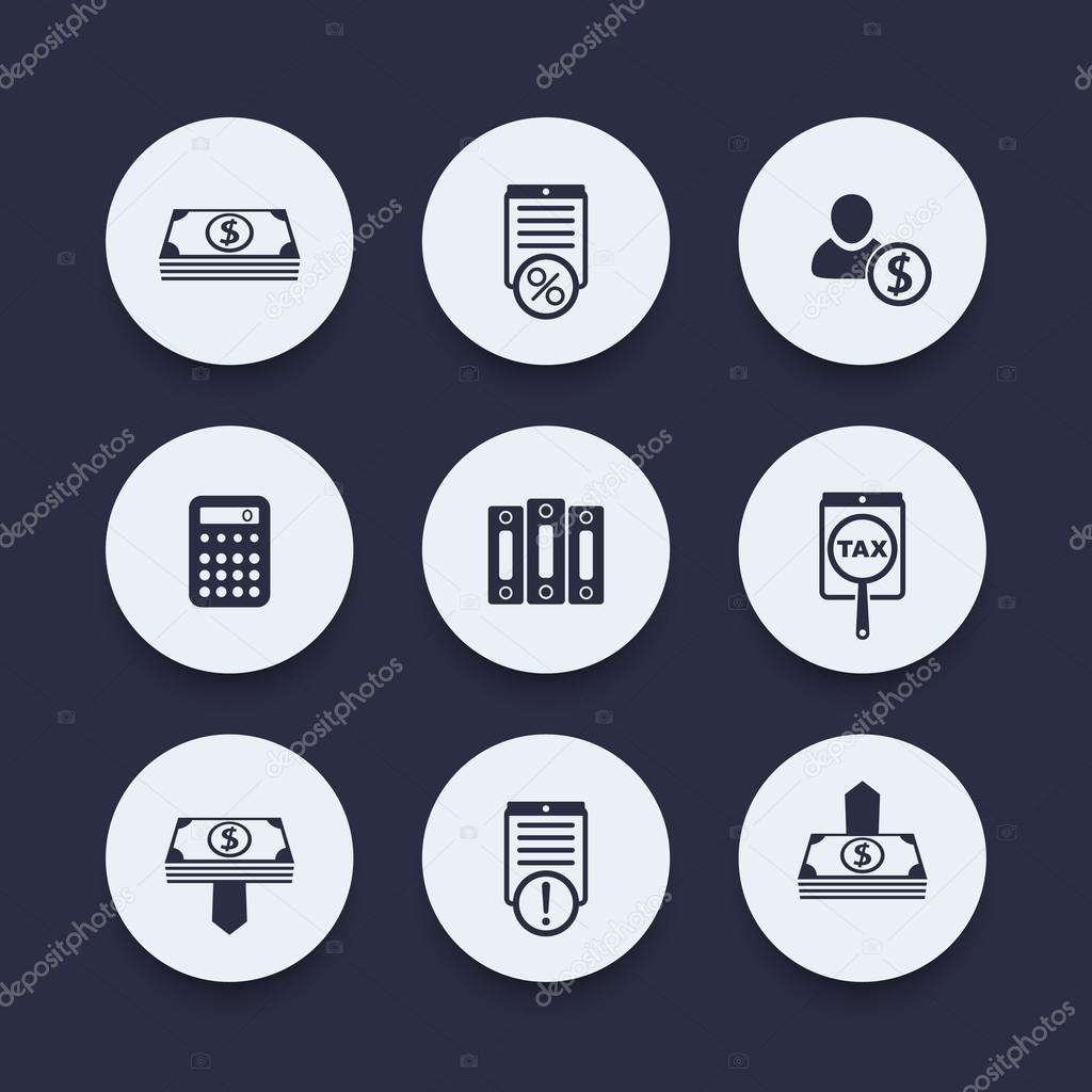 Bookkeeping, finance, payroll round icons, vector illustration
